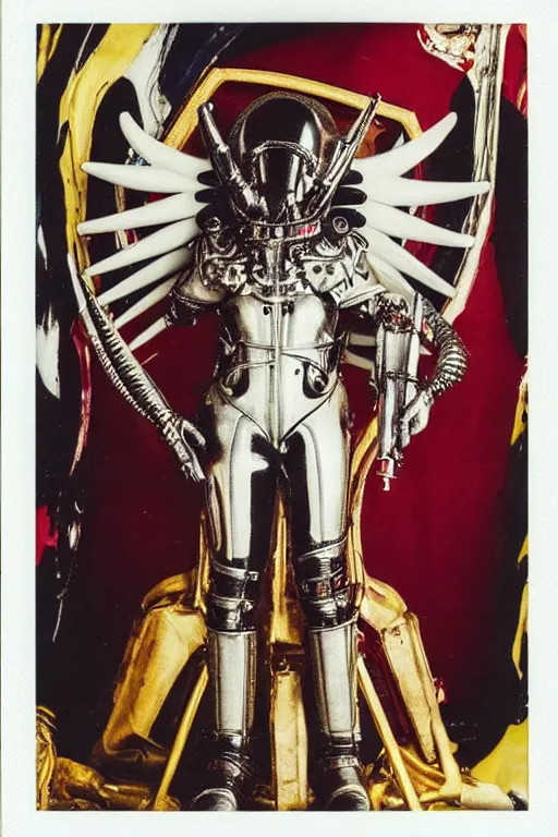 Prompt: polaroid still symmetry frame from Alien Covenant movie by Takashi Murakami, Count Orlok wearing Polish Winged Hussars armor made with porcelain dressed by Salvatore Ferragamo and by Chanel, haute couture painted by Peter Paul Rubens and by John Baeder by Jean-Michel Basquiat, editorial fashion photography, from vogue magazine