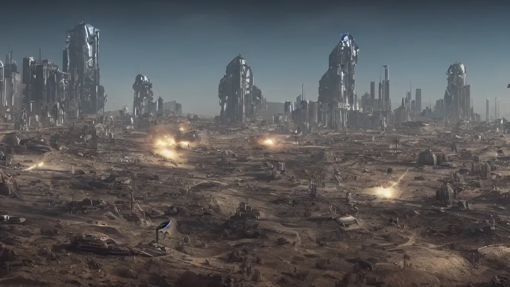 Prompt: many spaceships launching upwards in a wasteland, destroyed cityscape in background, hyperrealistic, Cryengine 8k UHD