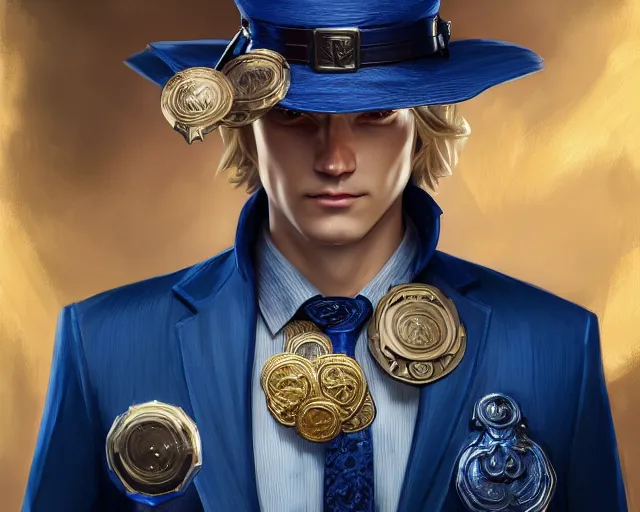 Image similar to photography of a blonde man in a blue suit with medals on it wielding a sword and pistol, deep focus, d & d, fantasy, intricate, elegant, highly detailed, digital painting, artstation, concept art, matte, sharp focus, illustration, hearthstone, art by artgerm and greg rutkowski and alphonse mucha