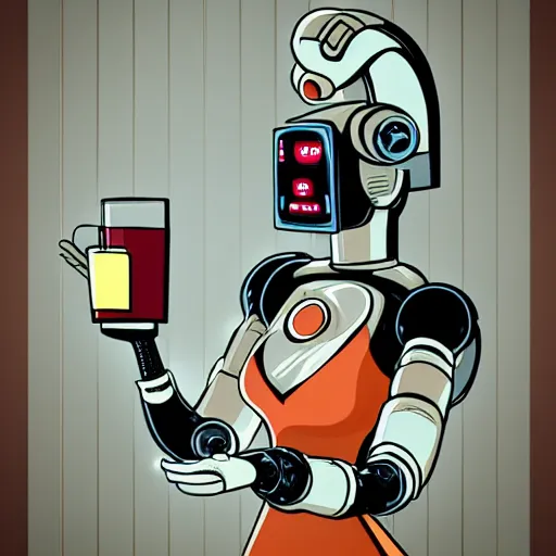 Prompt: retrofuturistic, futuristic style, robot maid serving a drink