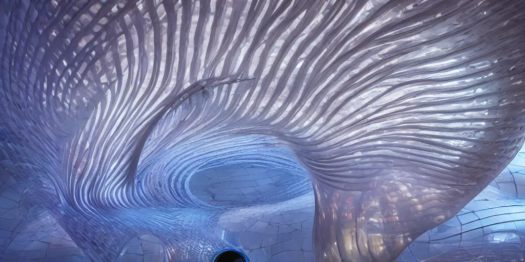 Prompt: extremely detailed awe stunning beautiful futuristic smooth curvilinear museum interior, translucent gills, hyper real, 8k, colorful, 3D cinematic volumetric light, atmospheric light