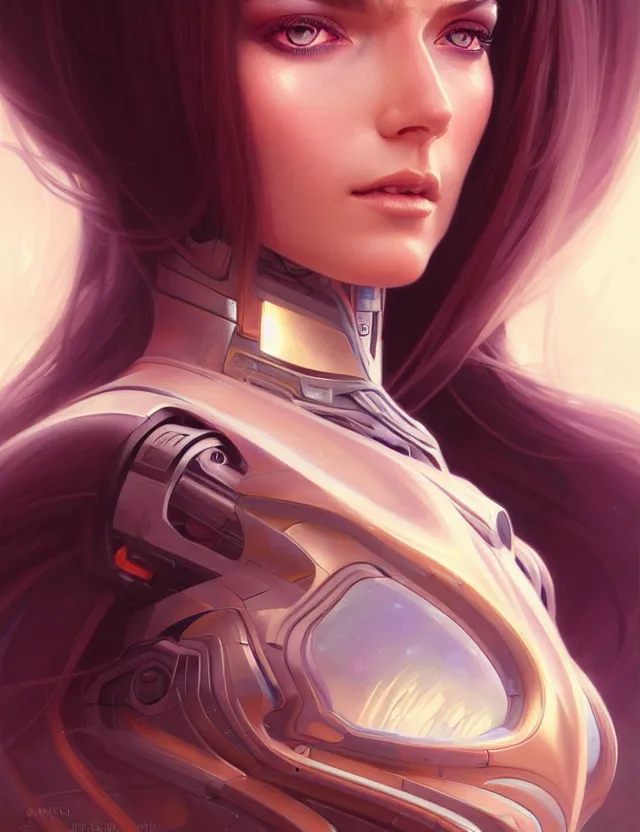 Image similar to futuristic woman portrait, sci-fi, amber eyes, face, long hair, fantasy, intricate, elegant, highly detailed, digital painting, artstation, concept art, smooth, sharp focus, illustration, art by artgerm and greg rutkowski and alphonse mucha