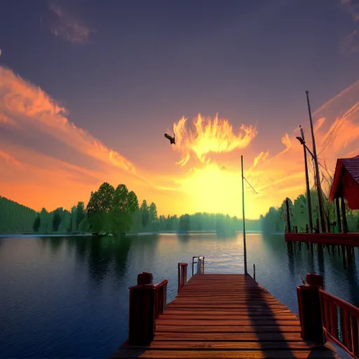 Image similar to nate the great, 3 d model, unreal engine, extreme detail, 4 k, artstation, ultra realistic, painterly, sunset, on a dock by a lake