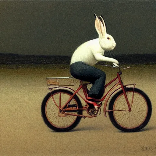 Image similar to rabbit riding a bike on the road, there is a car in front, by michael sowa.