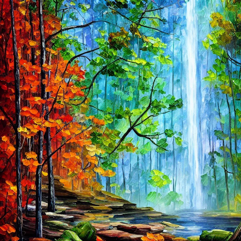 Image similar to A beautiful oil painting of a very tall waterfall on a very rocky cliff, in the middle of a huge forest of trees with bright blue glowing leaves, by Afremov