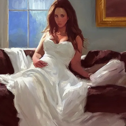 Image similar to portrait of jennifer love hewitt reclining on a couch greg manchess painting elegant, matte painting, illustration, hearthstone, trending on instagram