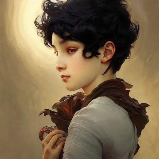 Image similar to young boy, black hair, gorgeous, amazing, feminine, elegant, intricate, highly detailed, digital painting, artstation, concept art, sharp focus, illustration, art by artgerm and greg rutkowski and alphonse mucha