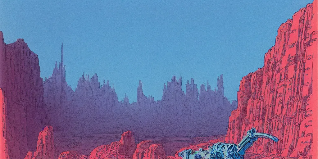 Image similar to grainy risograph matte painting of gigantic huge mech with huge swords, pastel matte colors, staying in the toxic blue canyon, by moebius, hyperrealism, intricate detailed