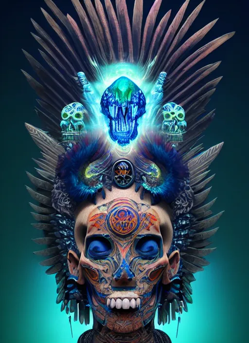 Image similar to 3 d shaman with tattoos profile portrait, sigma 5 0 0 mm f / 5. beautiful intricate highly detailed quetzalcoatl skull and feathers. bioluminescent, plasma, lava, ice, water, wind, creature, thunderstorm! artwork by tooth wu and wlop and beeple and greg rutkowski, 8 k trending on artstation,