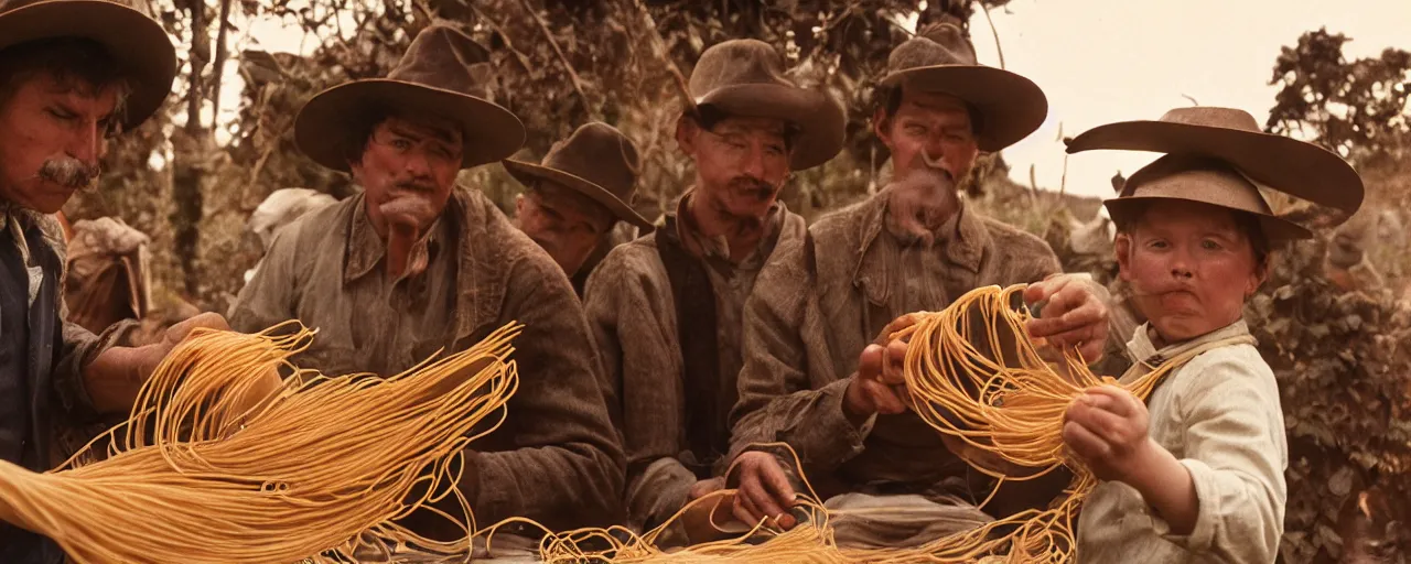 Image similar to harvesting spaghetti during the gold rush, hyper - realistic faces, intricate, sigma 5 0 mm, cinematic lighting, photography, wes anderson, film, kodachrome