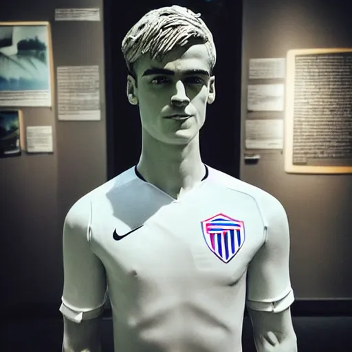 Image similar to “ a realistic detailed photo of a guy who is an attractive humanoid who is half robot and half humanoid, who is a male android, soccer player antoine griezmann, shiny skin, posing like a statue, blank stare, at the museum, on display ”