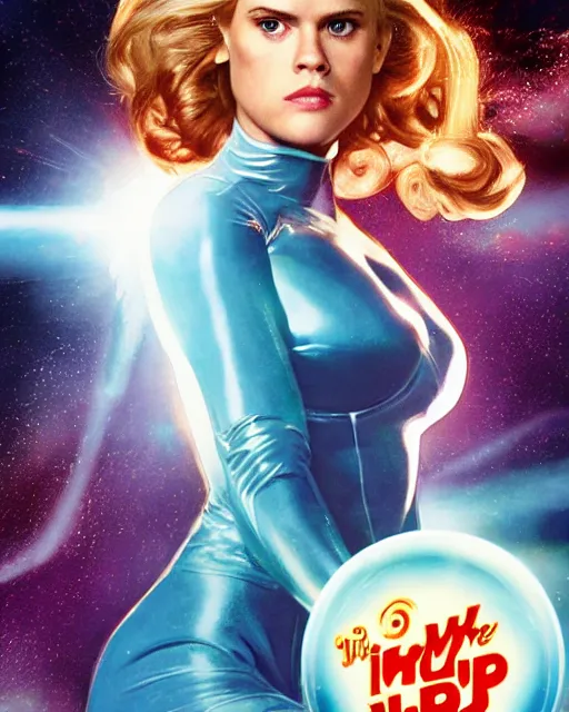 Image similar to drew struzan style movie poster of alice eve dressed as sue storm, the invisible woman from the fantastic four, with her hands held up, she is generating an iridescent bubble of particles around her body in the form of a shimmering bubble force field, soft focus, bokeh, 5 0 mm