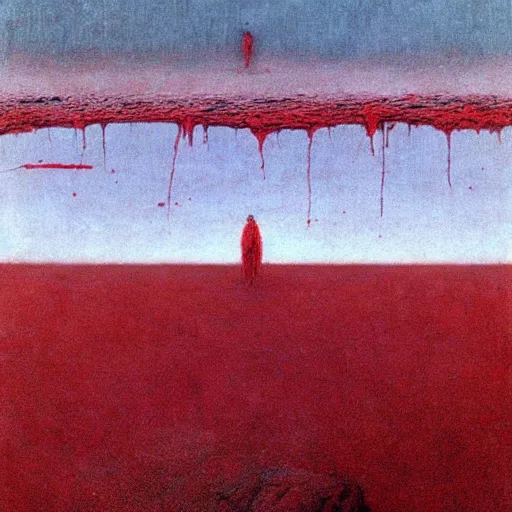 Prompt: people with blood all over them, sea made of the blood, ground is made from gravel, clear blue sky, gravel ground, beksinski style