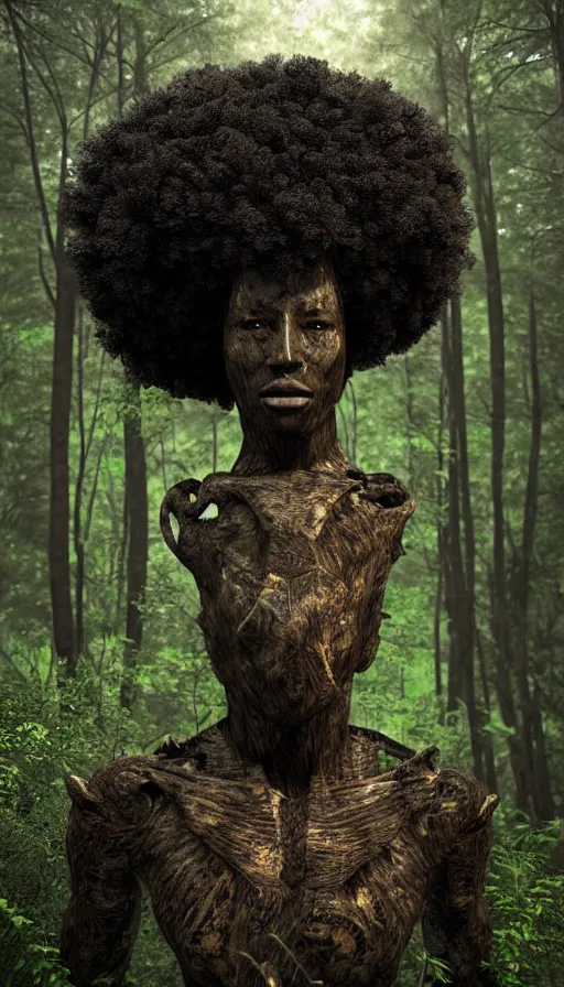 Image similar to hyper realistic 3 d render of a afro future sci - fi ancient black god on the middle of a forest