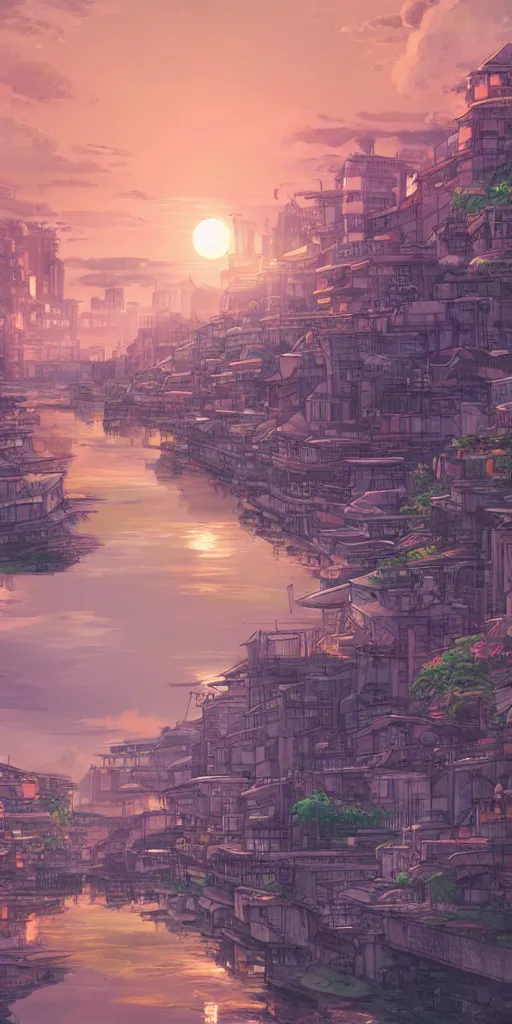 Prompt: a serene digital art of sunset, a metropolis beside the river, by studio ghibli and hayao miyazaki, highly - detailed, anime, unreal engine, deviantart