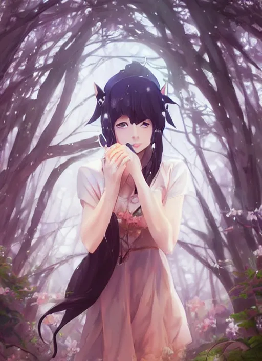 Prompt: anime girl with cat ears as a forest goddess, gorgeous face, anime style, digital art, by makoto shinkai, by wenjun lin, perfect shading
