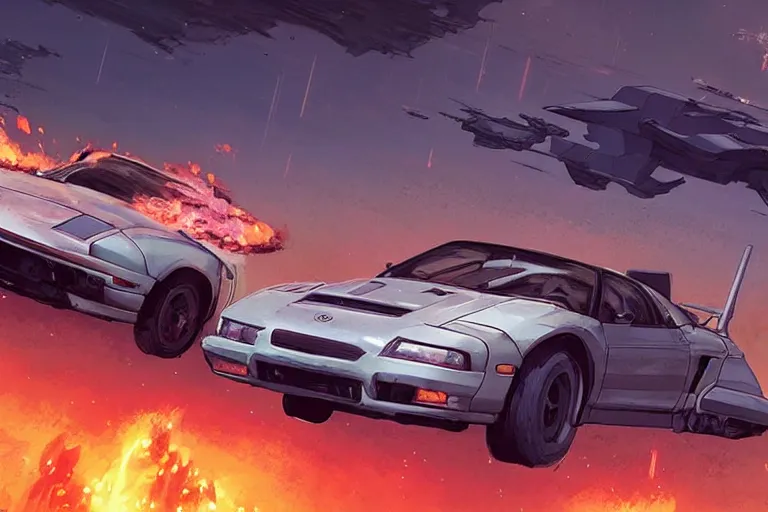 Image similar to 2 0 0 1 space odyssy diesepunk honda nsx mad max speeding through a burning fuel depot chase laser weapons by greg rutkowski makoto shinkai takashi takeuchi studio ghibli, akihiko yoshida