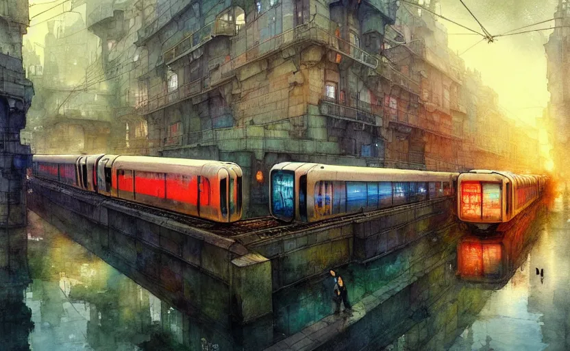 Image similar to an urban train rides inside of a waterway on a fantasy city. intricate, amazing composition, colorful watercolor, by ruan jia, by maxfield parrish, by marc simonetti, by hikari shimoda, by robert hubert, by zhang kechun, illustration, gloomy