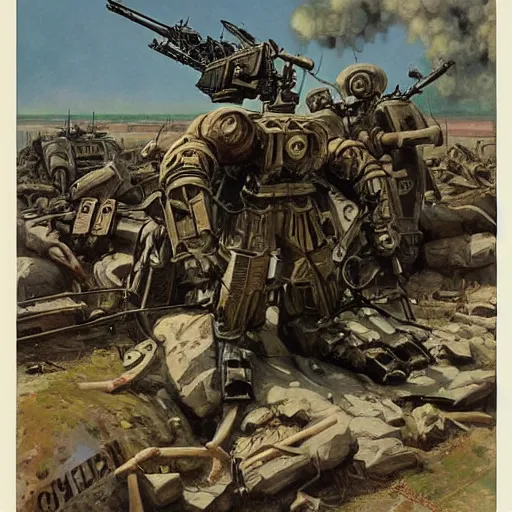 Prompt: wwi deiselpunk american battle mech propaganda art by james gurney