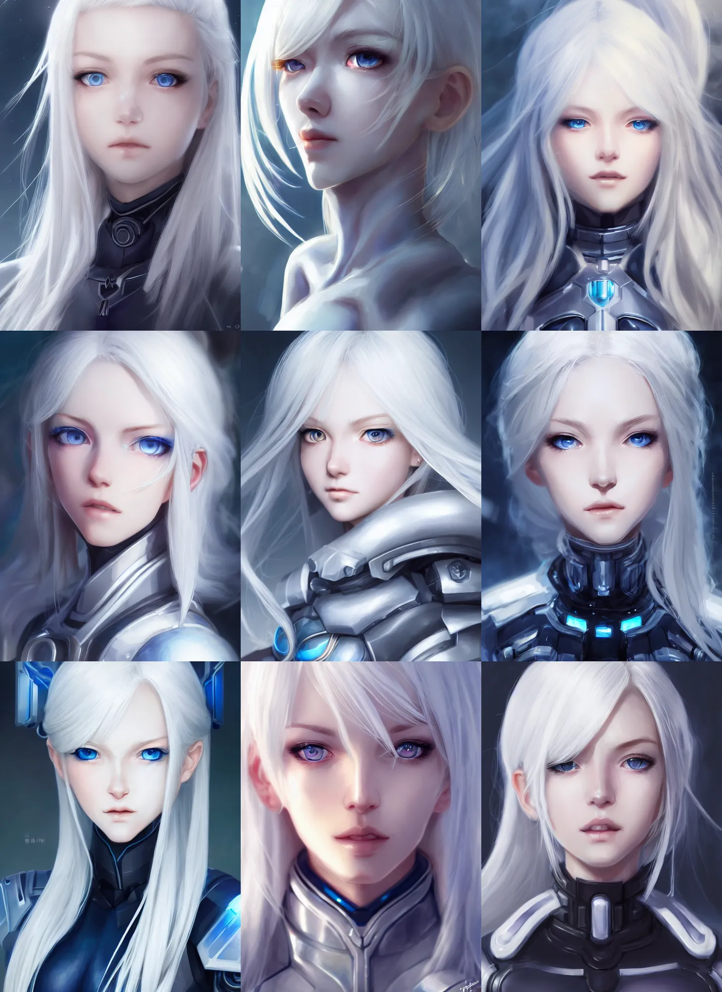 Prompt: detailed portrait of perfect white haired girl, android!!!, beautiful, pretty face, blue cyborg eyes, innocent, scifi, 4 k, sun yunjoo, ultra realistic, highlights, cinematic lighting, highly detailed, sharp focus, artstation, masterpiece, art by hyungjin yang and akihiko yoshida