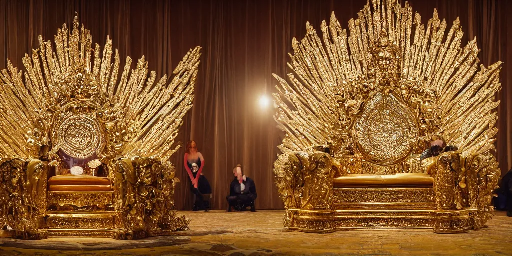 Prompt: shining majestic throne made of millions of diamonds, gold and zaphires with thousands of light reflections, and a stupid clown on a suit is sitting on the throne while handing a globe, 4 k