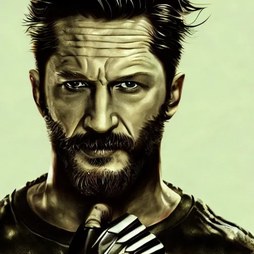 Image similar to Tom Hardy as wolverine in Black Damaged leather suit Digital art 4K quality Photorealism