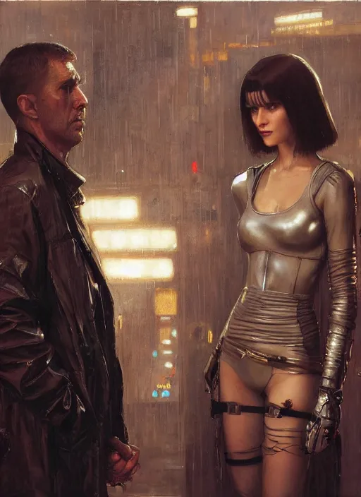 Image similar to blade runner confronts replicant android ( blade runner 2 0 4 9, cyberpunk 2 0 7 7 character design ). orientalist portrait by john william waterhouse and james gurney and theodore ralli and nasreddine dinet, oil on canvas. cinematic, hyper realism, realistic proportions, dramatic lighting, high detail 4 k