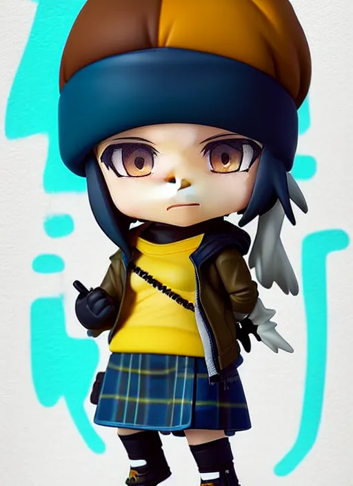 Prompt: nendoroid of a sewer punk lady student, beanie, tartan hoodie, blue eyes, frosty white hair by atey ghailan, by greg rutkowski, by greg tocchini, by james gilleard, by joe fenton, by kaethe butcher, gradient, yellow, black, brown and cyan color scheme, grunge aesthetic!!! white graffiti tag wall background