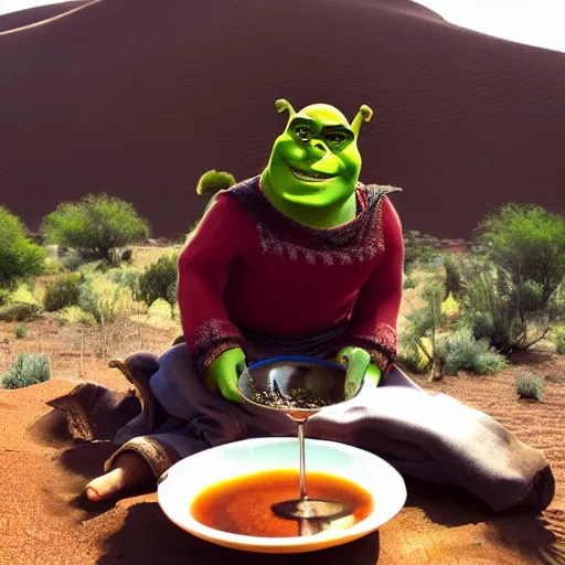 Prompt: Shrek drinking moroccan tea in the desert