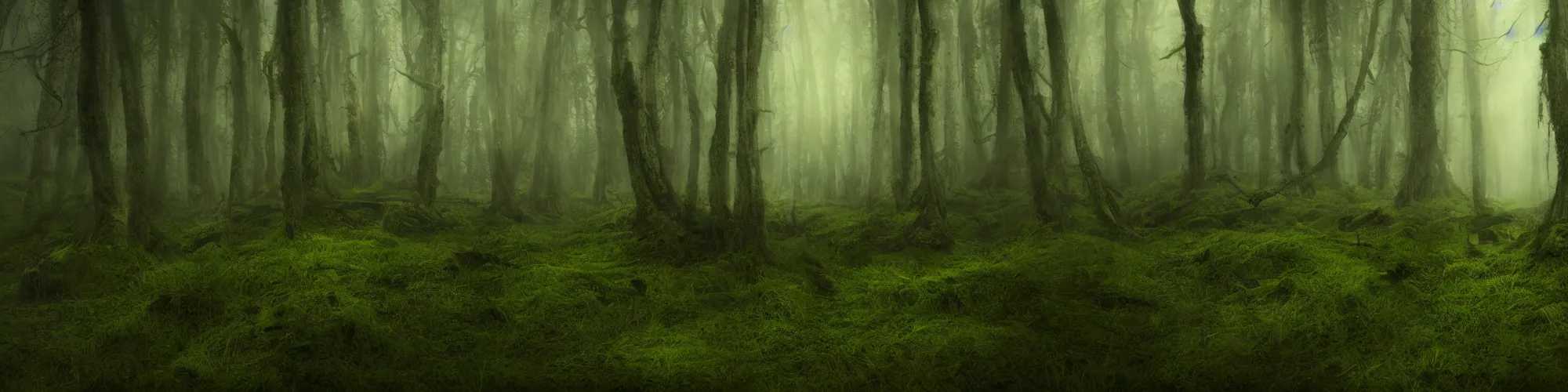 Prompt: cinematic, atmospheric, wallpaper of a lush, deep, mysterious forest, trending on ArtStation, cgsociety, very detailed, mist, ominous, atmospheric, vibrant, deep green, musrooms, moss, 4k, 8k, hyperreal