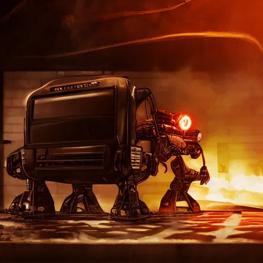 Image similar to head of toaster oven mecha, dark messy smoke - filled cluttered workshop, dark, dramatic lighting, orange tint, cinematic, highly detailed, sci - fi, futuristic, movie still