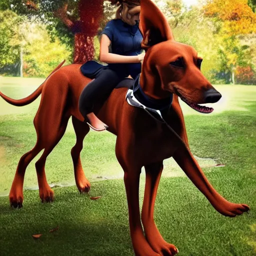 Image similar to girl riding a giant doberman in the park, trending on artstation