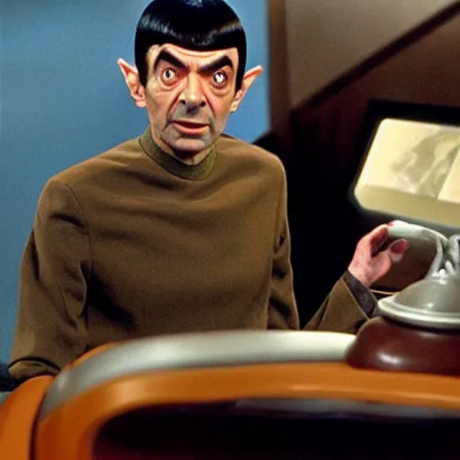 Prompt: Movie still of Mr. Bean as Spock from Star Trek