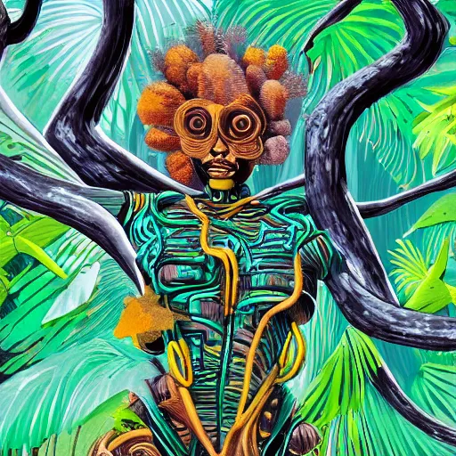 Prompt: a mutant cyborg in a tropical forest, connected to a tree by plant roots and electric cables, detailed, afro futurism painting