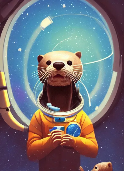 Image similar to a portrait of a cute otter with a space helmet, swimming through a beautiful galaxy!!!, detailed, artstation, art by miyazaki and rhads