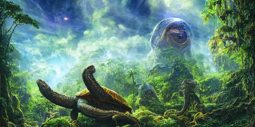 Image similar to fantasy oil painting, alien spacecraft, outer worlds, great leviathan, turtle cephalopod terrapin reptilian pachyderm amphibian hybrid, rainforest mountains, lush plants flowers, epic natural light, bright clouds, luminous sky, bright cinematic key lighting, michael cheval, michael whelan, vray, 8 k hd