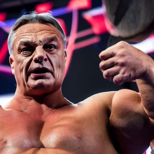 Image similar to pumped up muscled hungarian prime minister viktor orban as a wwe wrestler, real life photograph, award winning photograph, 4 k