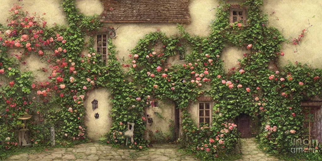 Prompt: cottage wall, outside garden courtyard with vines and ivy growing up the wall, beautiful roses, flowers, unreal, fantasy, intricate, elegant, dramatic, highly detailed, photorealistic, digital painting, painterly, artstation, concept art, smooth, sharp focus, art by john collier and krenz cushart and artem demura and albert aublet