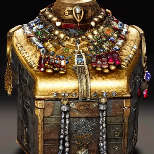 Prompt: A Dunmer chest filled with jewels and golden artefacts, 4k, hdri, museum quality photo