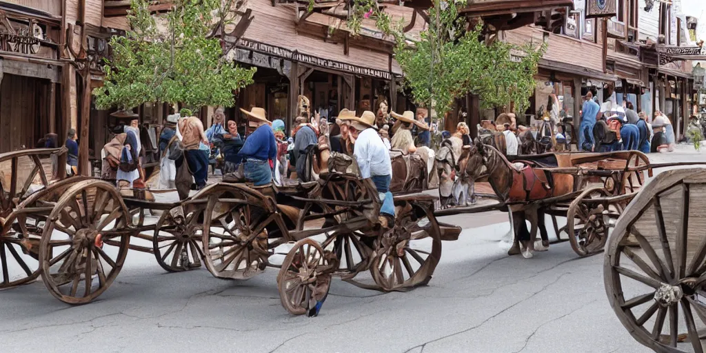 Image similar to wagon broken on main street of old west mountain town bustling with people, in the style of Fredrick Remington