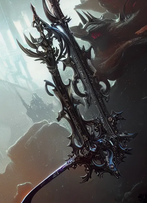 Image similar to legendary sword of technology, intricate black and iridescent blade, ornate gothic baroque spikes, glowing handle, detailed realistic, ray tracing, colored gems, art by greg rutkowski