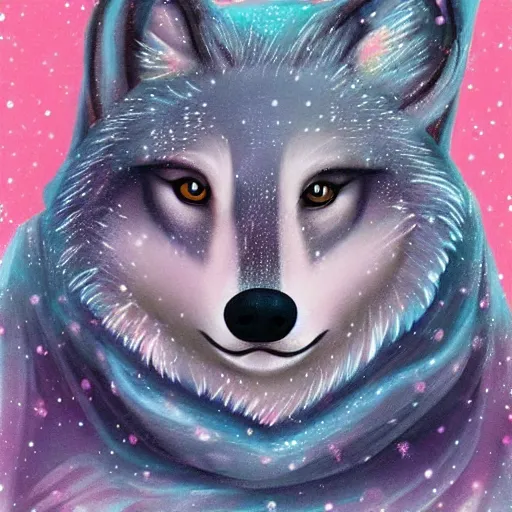 Prompt: Beatiful portrait of an anthro wolf wearing a cute cozy soft pastel winter outfit winter Atmosphere. detailed, inked,