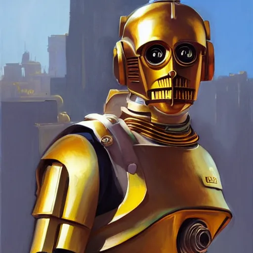 Image similar to greg manchess portrait painting of c 3 po as overwatch character, medium shot, asymmetrical, profile picture, organic painting, sunny day, matte painting, bold shapes, hard edges, street art, trending on artstation, by huang guangjian and gil elvgren and sachin teng