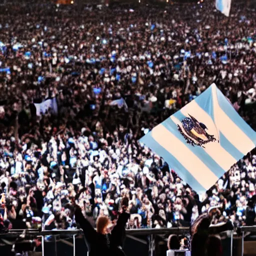 Image similar to Lady Gaga as president, Argentina presidential rally, Argentine flags behind, bokeh, giving a speech, detailed face, Argentina