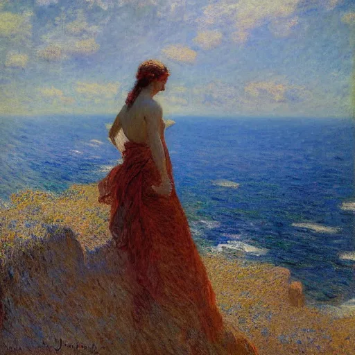 Image similar to a person standing on a cliff, looking out at the ocean, by gaston bussiere, craig mullins, j. c. leyendecker, claude monet