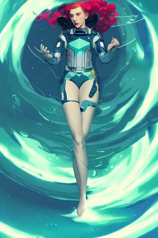 Image similar to style artgerm, joshua middleton, illustration, scarlett johansson as space astronaut wearing green pelt light armor, anime eyes, blue hair, swirling water cosmos, fantasy, dnd, cinematic lighting