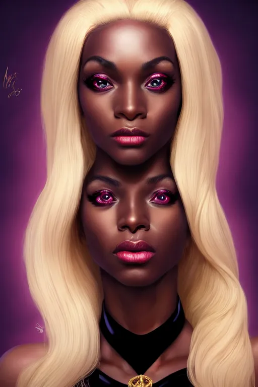 Prompt: portrait of a sexy young black super girl, velvet with silk, highly detailed and rendered gold and diamonds, digital art, super intricate, platinum blonde hair, sharp focus, big eyes, trending on artstation, hq, unreal engine 5, 4 k uhd image, by brom, artgerm, face by otto schmidt