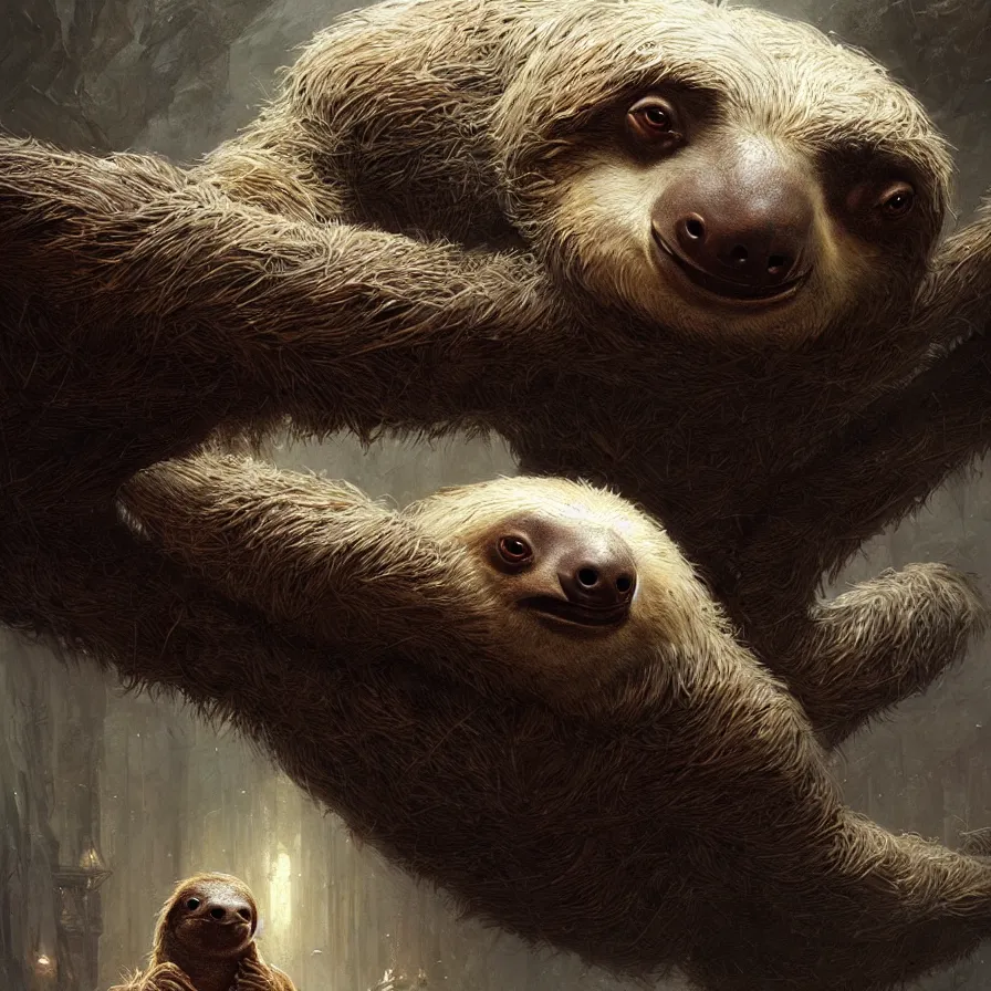 Prompt: colossal sloth, high detail, dramatic light, digital art, painted by greg rutkowski, painted by seb mckinnon, trending on artstation