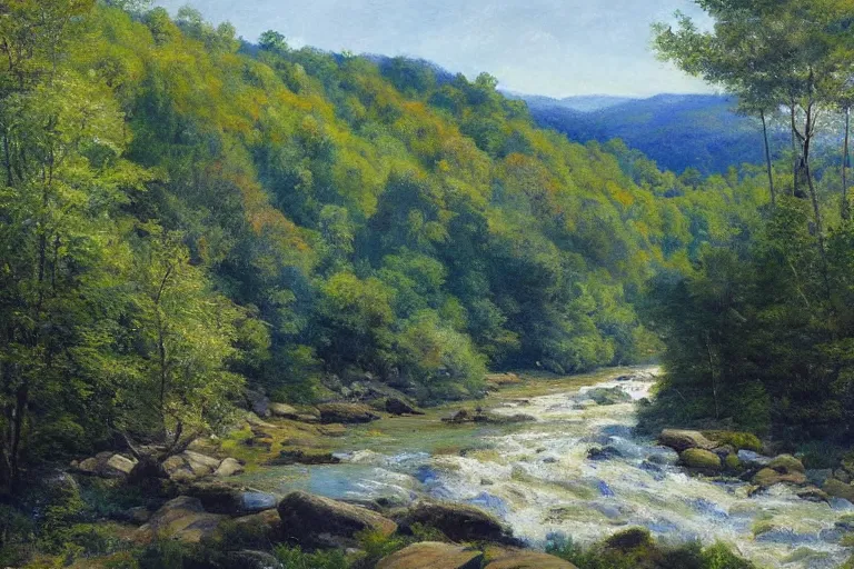 Prompt: two rivers converge to form one larger river, appalachian mixed mesophytic forest, vibrant blue sky background, by Cortes Thurman the greatest Barbizon artist ever known and by Paul Cadden, rendered in hyperdetailed Ultra HD