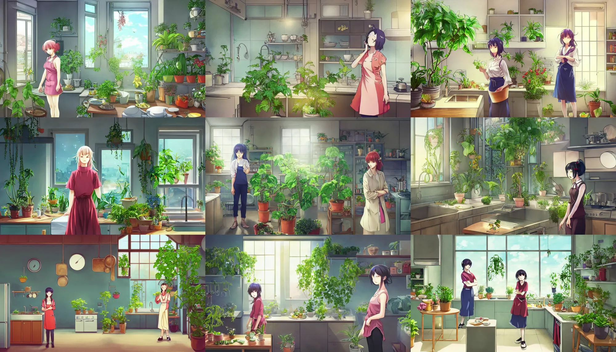 Prompt: a woman standing in a kitchen next to a plant that contains a small and thriving city, a storybook illustration by senbon umishima, pixiv contest winner, magic realism, pixiv, official art, anime aesthetic